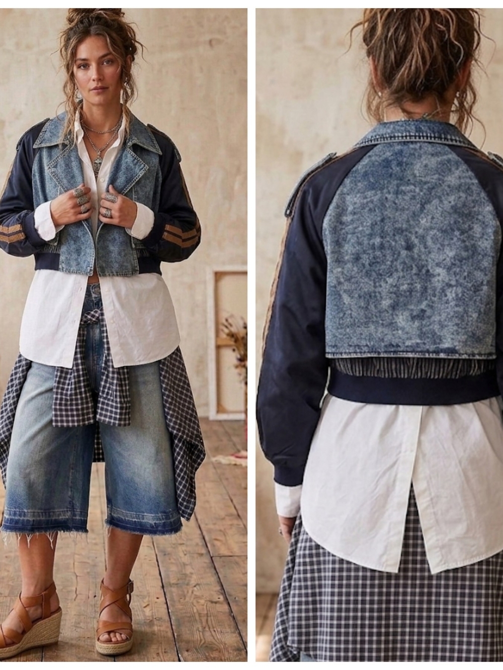 Cropped Two-Tone Denim Bomber Jacket - Navy/Washed Denim